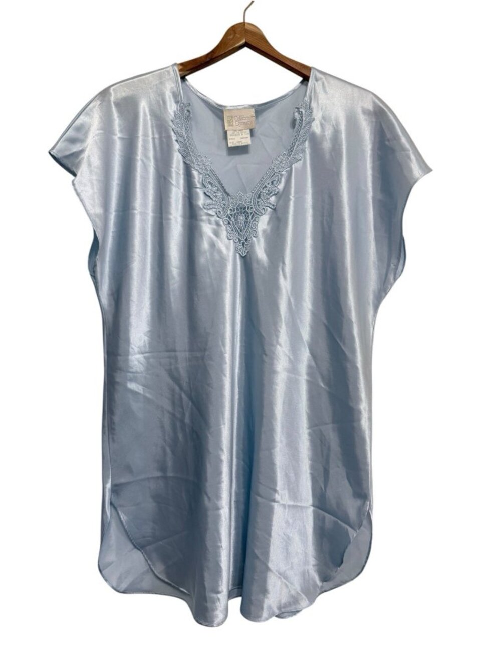 VTG California Dynasty Satin Lace Trim V-Neck Short Sleeve Nightgown Blue Large